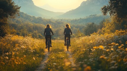 Two cyclists riding on a scenic path through a flower-filled landscape at sunset.