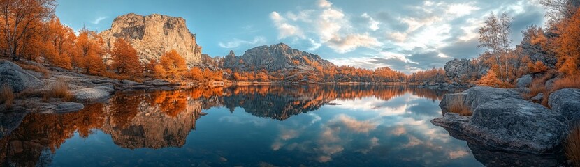 Calm autumn lake reflecting colorful trees and mountains under a cloudy sky.