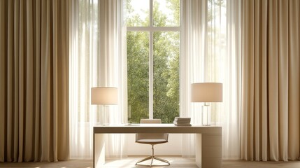Fototapeta premium Peaceful Home Office with Soft Lighting and Neutral Tones