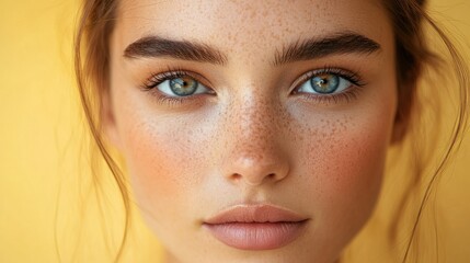 Fototapeta premium Close-up portrait of a young woman with freckles and blue eyes.