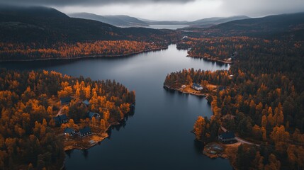 Fototapeta premium Serene Overcast Evening by Winding River in Autumn Forest