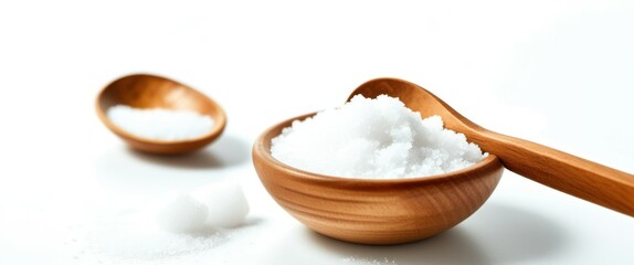 A photograph of a wooden bowl filled with white granulated sugar, placed on a white surface. The bowl has a smooth, polished texture and a small wooden spoon resting on the left side. The lighting is 