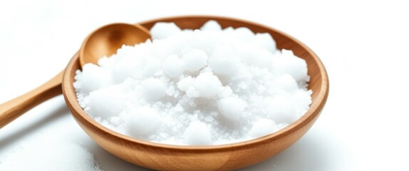 A photograph of a wooden bowl filled with white granulated sugar, placed on a white surface. The bowl has a smooth, polished texture and a small wooden spoon resting on the left side. The lighting is 