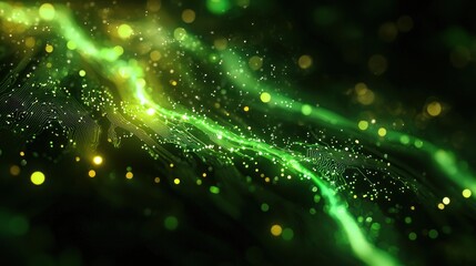 Abstract Green Energy Flow: A Digital Art Visualization of  Dynamic Energy Streams, Glowing Particles and Circuitry Patterns.