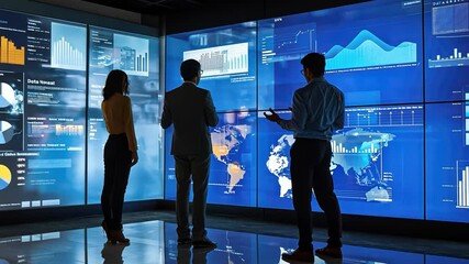 Three people are standing in front of a large screen displaying various graphs - Powered by Adobe