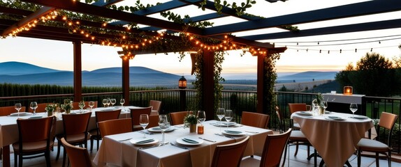 Fototapeta premium Photograph of a romantic outdoor dining setting at sunset, with a wooden pergola adorned with string lights and greenery overhead. The table is set with white tablecloths, fine china, crystal glasses,