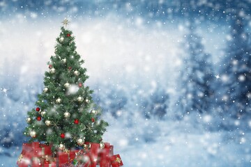 Beautiful decorated christmas tree in winter landscape