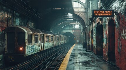 Obraz premium Vintage Subway Train in a Decaying Station