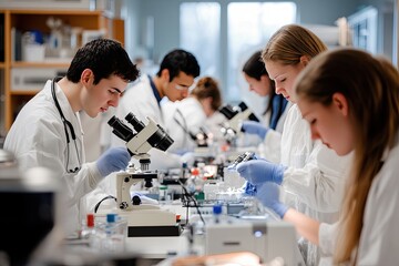 A group of medical students experimenting with medical devices, working in a lab that is well-equipped with surgical tools, microscopes, and medical specimens.