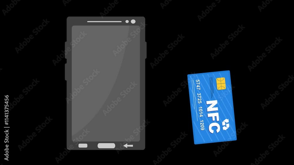 Poster video animation plastic credit card and mobile phone in nfc signal concept, on a transparent backgro