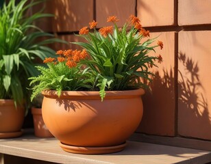 Albuca spiralis cv Frizzle Sizzle in terracotta planter on garden shelf , garden decor, cactus-like plants, low maintenance plants