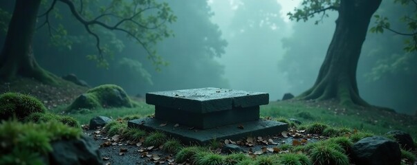 Ancient stone pedestal atop crumbling tombstone, dark, eerie, foggy