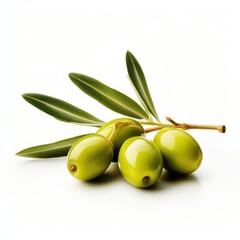 Fresh Green Olives with Leaves on a White Background