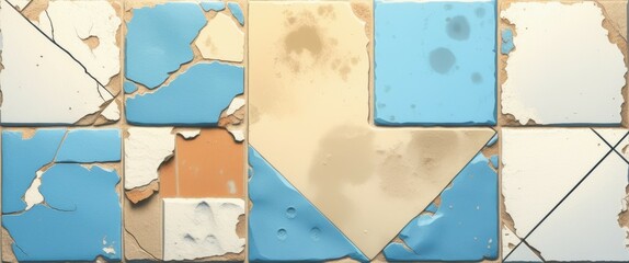 Photograph of a section of a tiled wall with a mix of blue, beige, and brown tiles. The tiles are arranged in a patchwork pattern with some tiles showing signs of wear and discoloration. The overall c