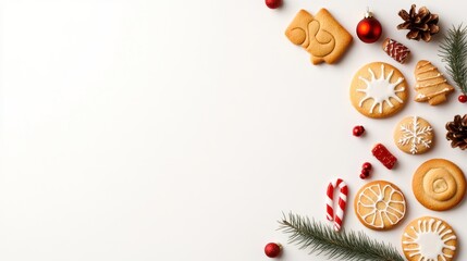 Festive arrangement of holiday cookies and decorations.
