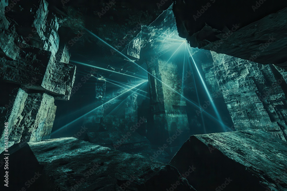 Poster a mysterious underground cavern illuminated by beams of light, showcasing ancient structures and int
