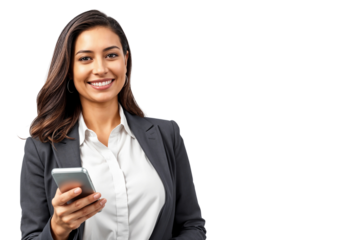 Smiling young beautiful businesswoman holding smartphone, isolated on transparent background