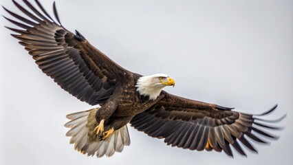 Obraz premium Bald Eagle in Flight with Spread Wings Against a Cloudy Sky