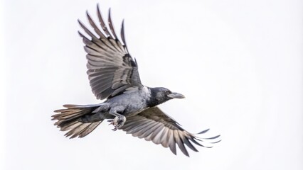 Naklejka premium A Crow in Flight with Spread Wings Against a White Sky
