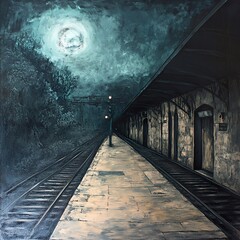 Fototapeta premium Midnight Train Station: A Nocturnal Landscape