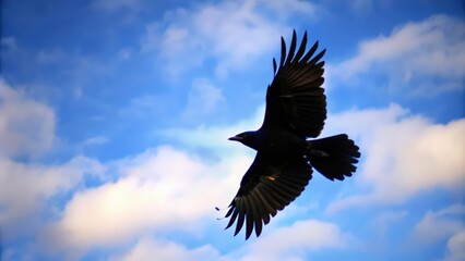 Obraz premium Black Crow Silhouette Against A Blue Sky With White Clouds