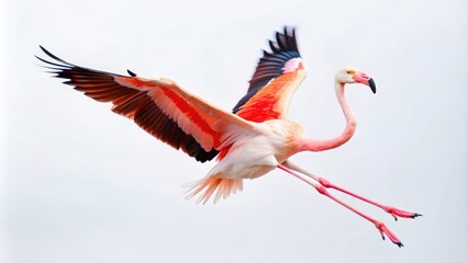 Pink Flamingo In Flight Against A White Background