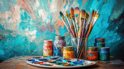 Paintbrushes, paints, and palette on table. Perfect for art, creativity, and hobby websites.