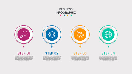 Business infographic template. 4-Step timeline journey. Process diagram, 4 options on white background, Info graph elements vector illustration.