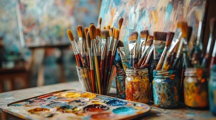 Fototapeta premium Paintbrushes and palette in artist's studio. Perfect for articles about art, creativity, and painting.