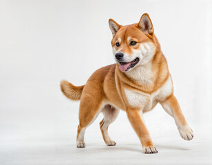 A joyful and energetic Shiba Inu mid-movement, showcasing its vibrant red coat, fluffy curled tail, and playful expression, reflecting its charm, confidence, and lively nature.