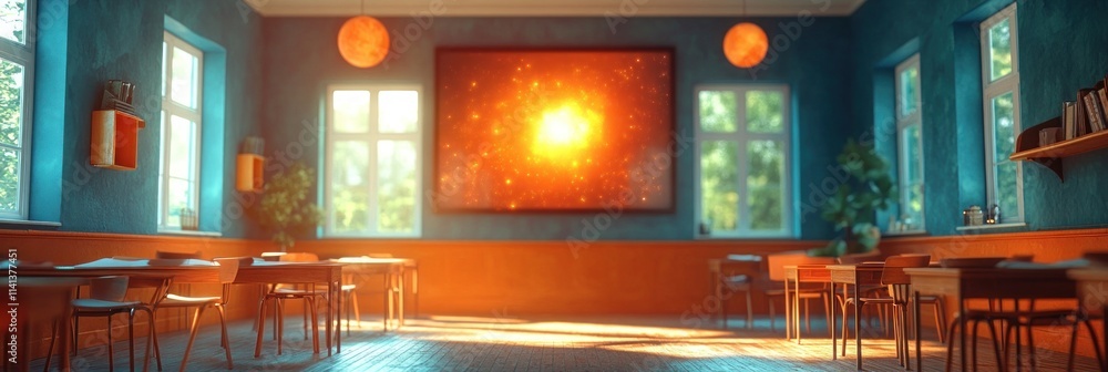 Poster a vibrant classroom with a large screen displaying a cosmic scene.