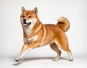 A joyful and energetic Shiba Inu mid-movement, showcasing its vibrant red coat, fluffy curled tail, and playful expression, reflecting its charm, confidence, and lively nature.