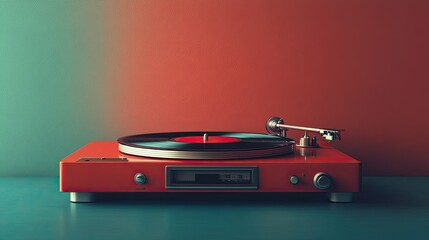 Red vintage turntable playing vinyl record against a colored wall.