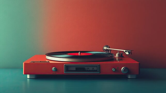Red vintage turntable playing vinyl record against a colored wall.