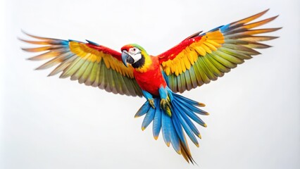 Fototapeta premium A Vibrant Scarlet Macaw in Mid-Flight with Spread Wings