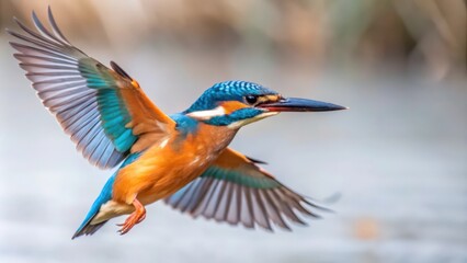Fototapeta premium A Vibrant Kingfisher in Mid-Flight with Spread Wings