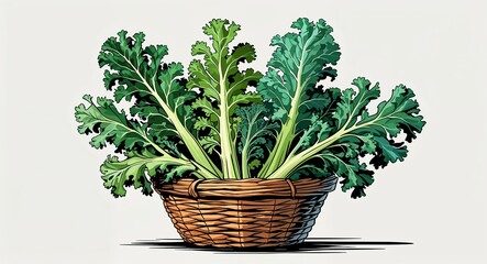 Naklejka premium Kale Leaves on basket cartoon illustration on plain white background