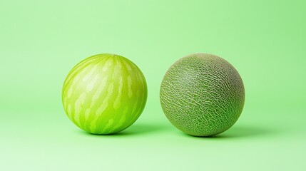 Two green fruits on a vibrant background, showcasing their textures.