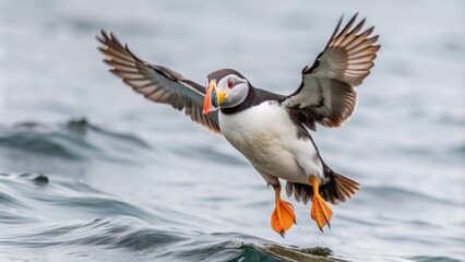 Atlantic Puffin Bird Taking Flight Over Ocean Waves