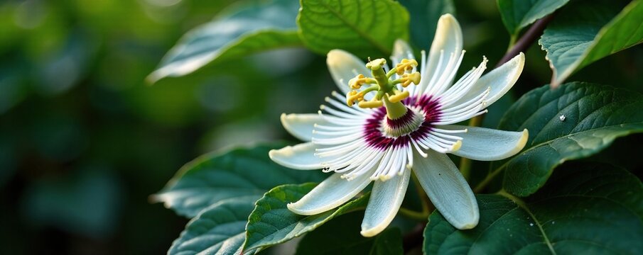 Crushed glass and white petals of Passion Incarnata amidst foliage, crushed glass, plant, maypop