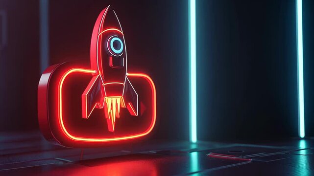 Futuristic rocket logo illuminated by neon lights in a high-tech setting