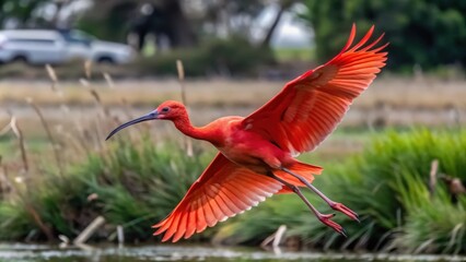 A scarlet ibis in flight with its wings spread wide, soaring over a body of water and greenery.