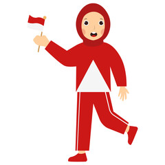 Little Girl Holding Indonesian Flag to Celebrate Indonesian Independence Day. Vector Character Design