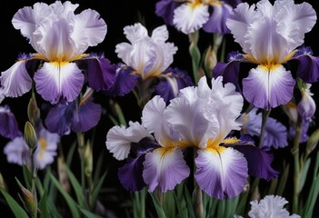 Dark black background with multiple purple and white irises blooming in soft focus, bloom, gentle