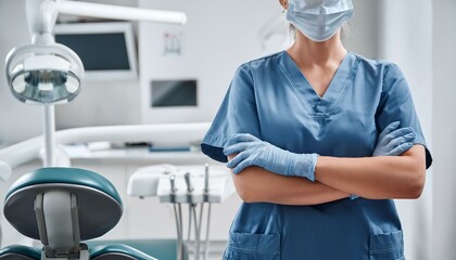 Obraz premium A dental clinic setting with an unrecognizable dentist standing confidently with arms crossed.
