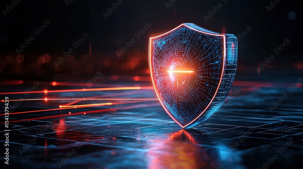 Poster cyber shield icon blocking incoming red alert lines