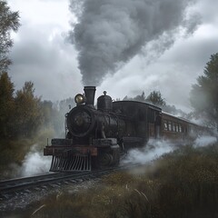 Vintage Steam Train in Misty Forest: A Journey Through Time