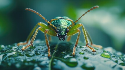 Naklejka premium Close-up of a vibrant green beetle on a dew-covered leaf.