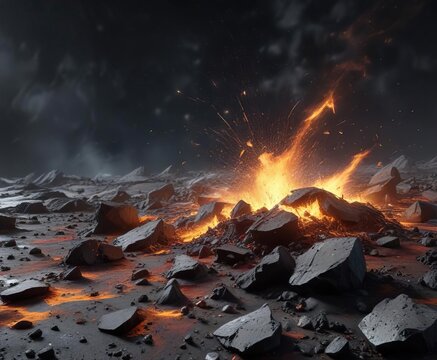 Dark particles and debris scattered on a dark surface, irregular shapes, disordered