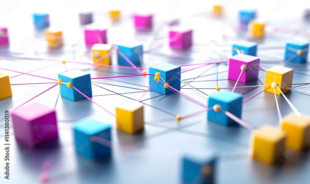 Poster abstract 3d cubes interconnected with lines, in perspective view.
